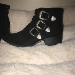 Black Qupid low heel buckle bootie